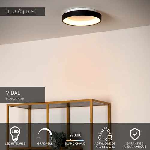 Lucide VIDAL - Plafonnier - Ø 28 cm - LED Dim. - 1x20W 2700K - Noir - USP
